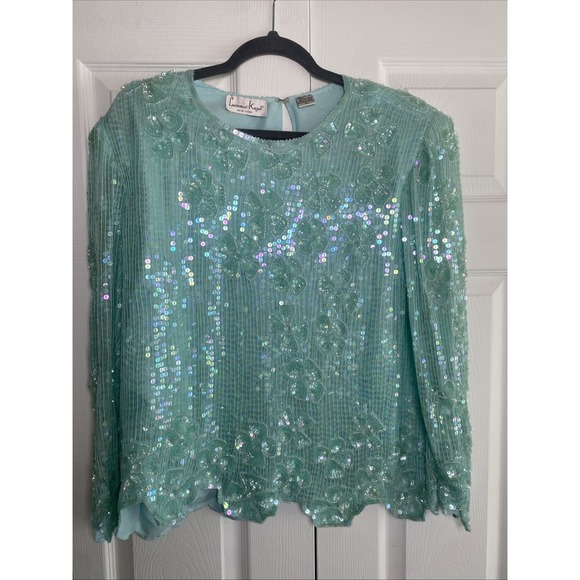 Laurence Kazar New York Tops - Vintage Laurence Kazar Beaded Sequin Top XL Silk Glam Ornate Fairy Gala Event